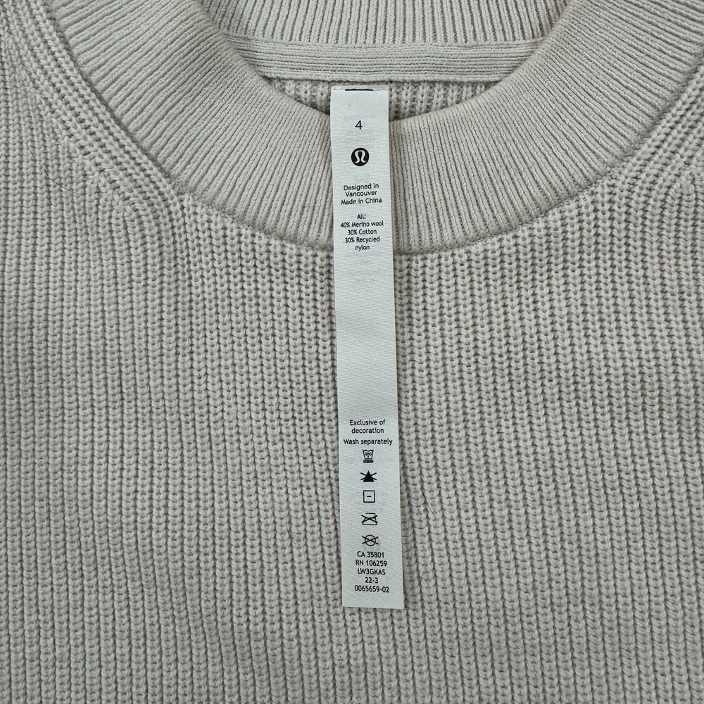 Lululemon Merino Wool-Blend Ribbed Crewneck Sweater-White Opal-women's Size 4 - Picture 4 of 8